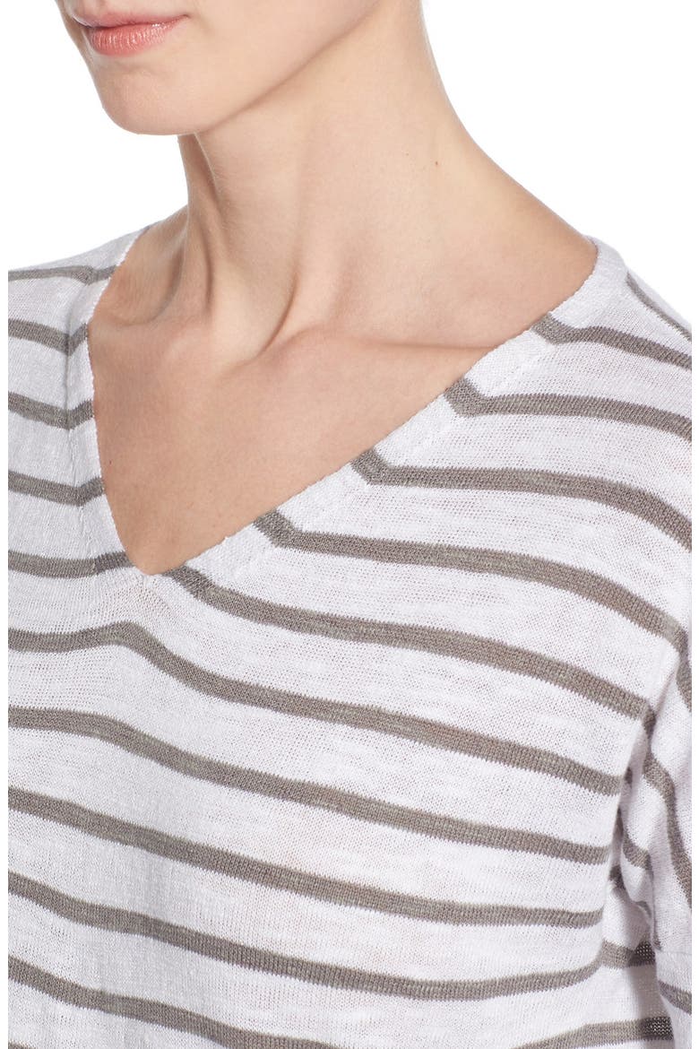 Stripe Organic Linen & Cotton V-Neck Sweater, Alternate, color, WHITE/ SMOKE