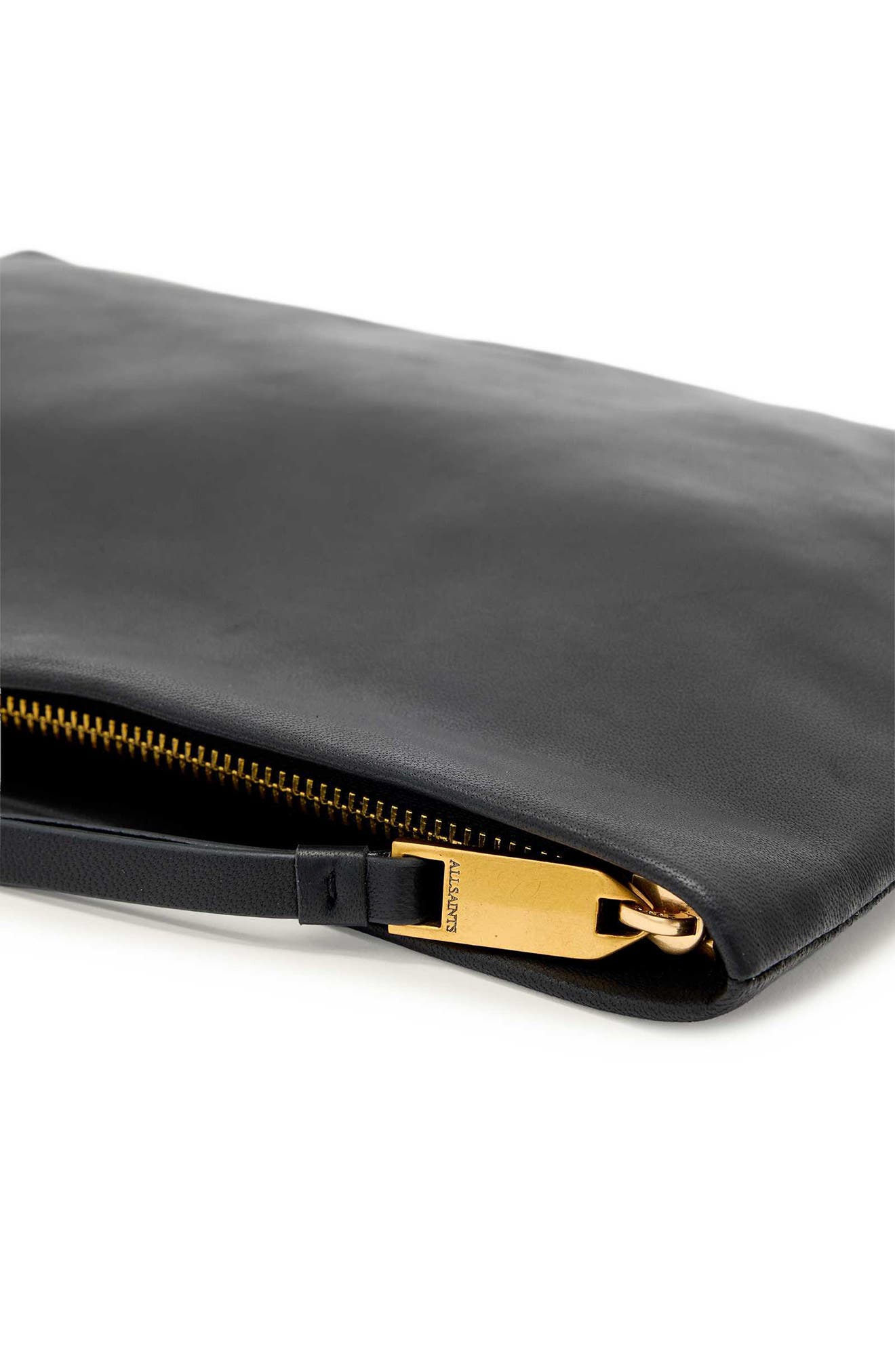 AllSaints Bettina Leather Clutch, Alternate, color, Black