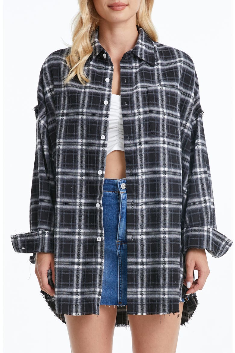 Plaid Fray Oversize Shirt, Main, color, BLACK/ WHITE PLAID