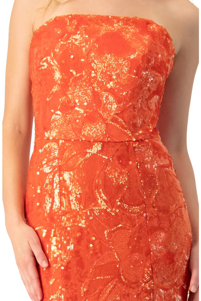 Strapless Sequin Floral Brocade Gown, Alternate, color, Orange Red