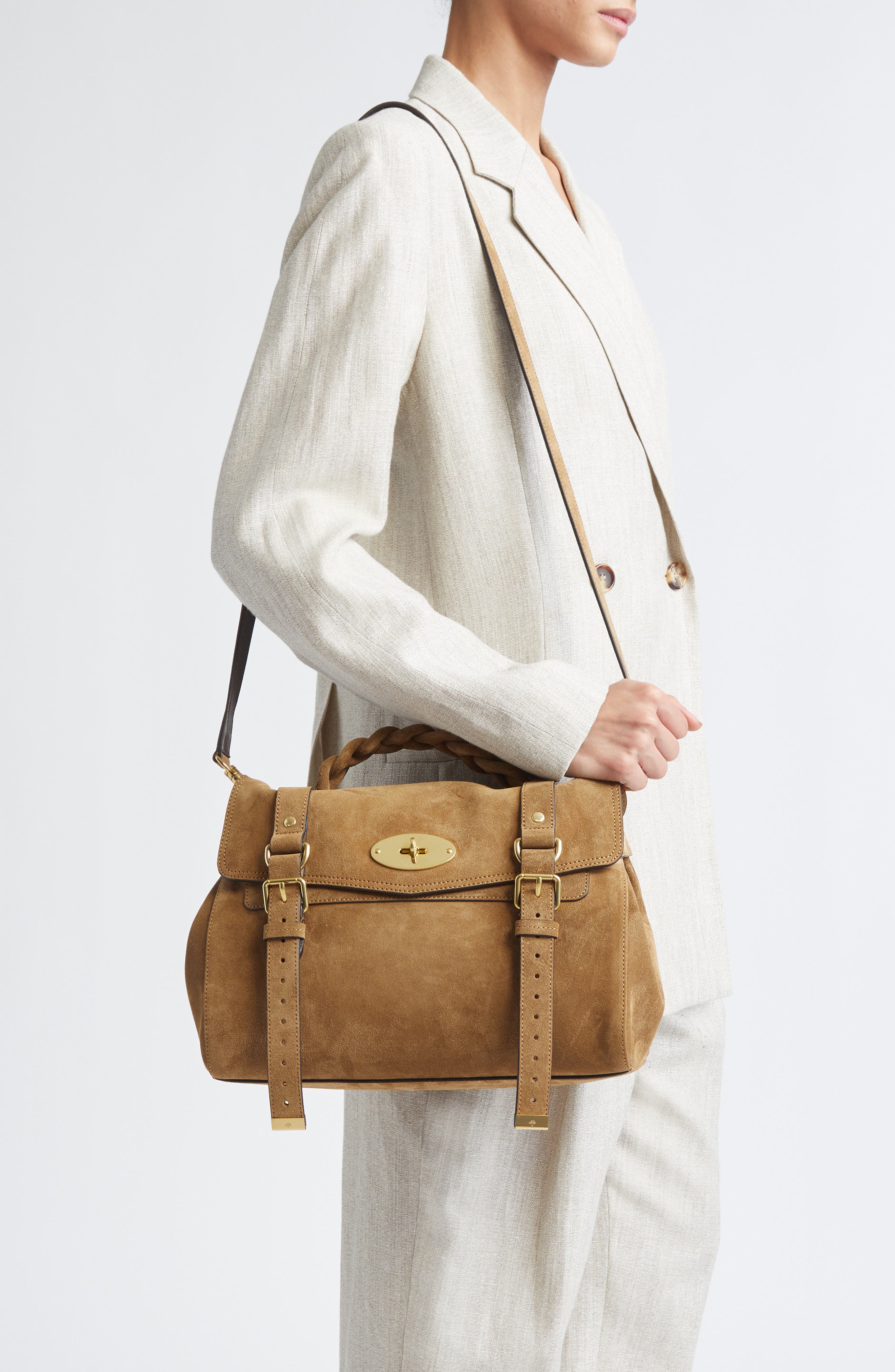 Mulberry Alexa Suede Satchel, Alternate, color, Salcombe Sand