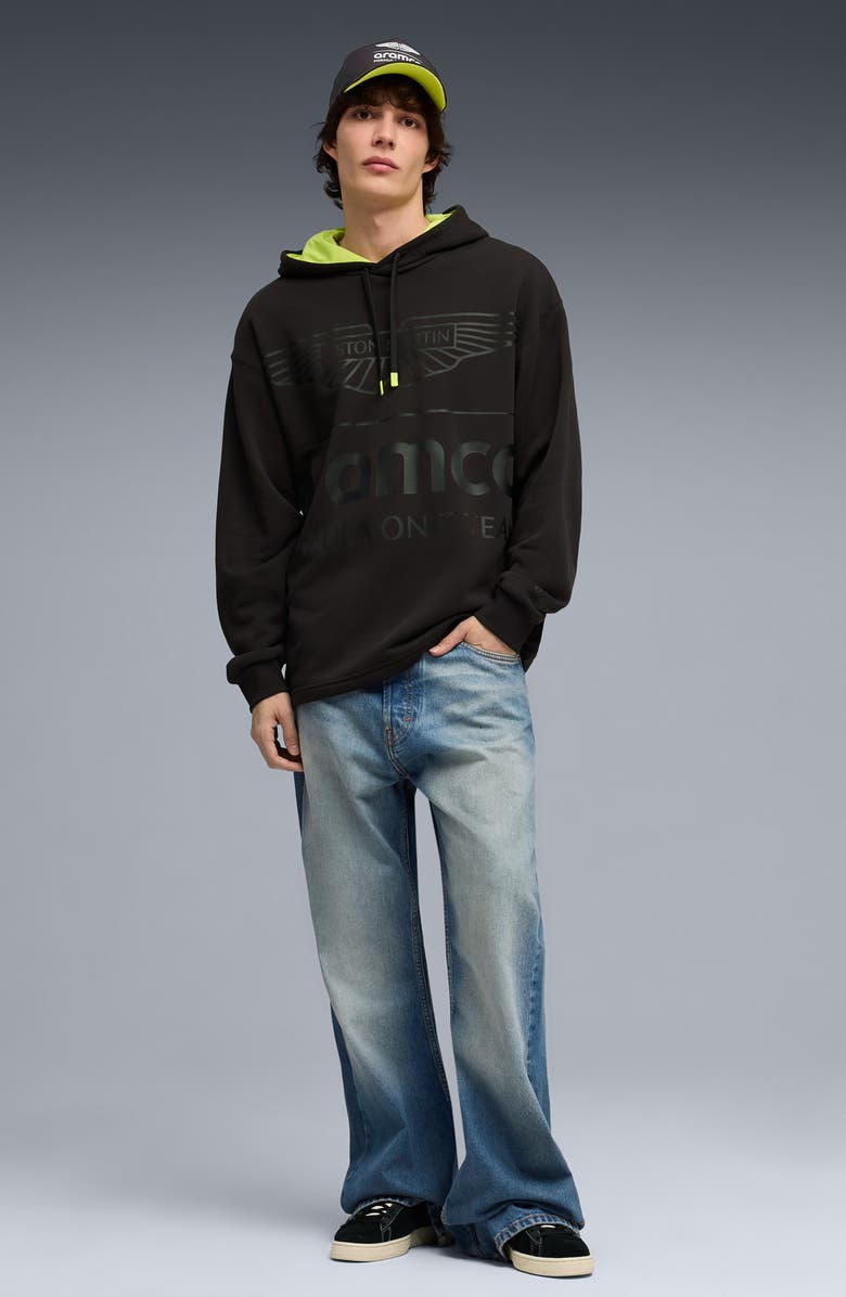 PUMA AMF1 Relaxed Fit Logo Graphic Hoodie, Alternate, color, Puma Black