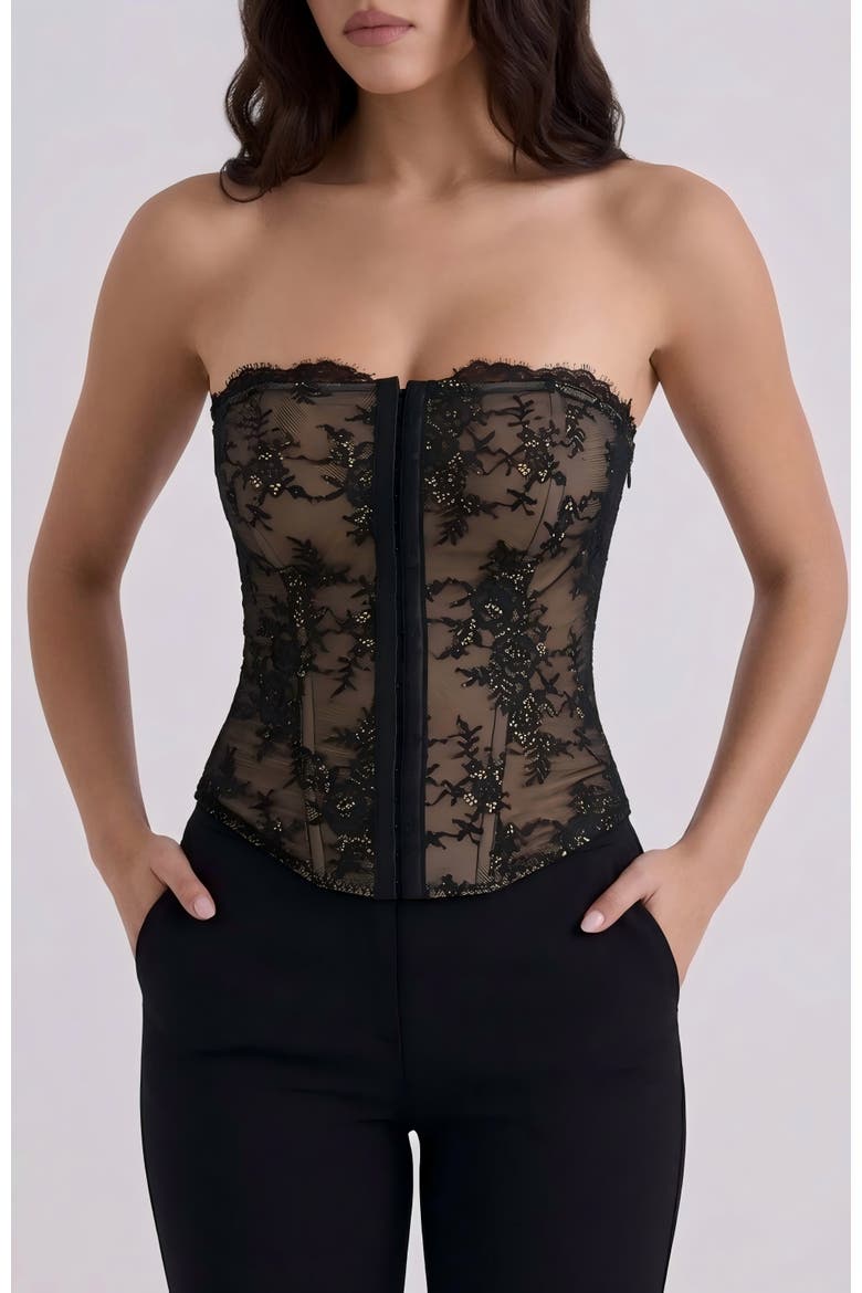 Leopard Lace Faux Denim Detachable Strap Corset Bustier, Alternate, color, Nude Lining