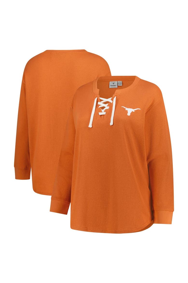 Women's Fanatics Burnt Orange Texas Longhorns Lace-Up Waffle Knit Plus Size Long Sleeve T-Shirt, Main, color, Burnt Orange