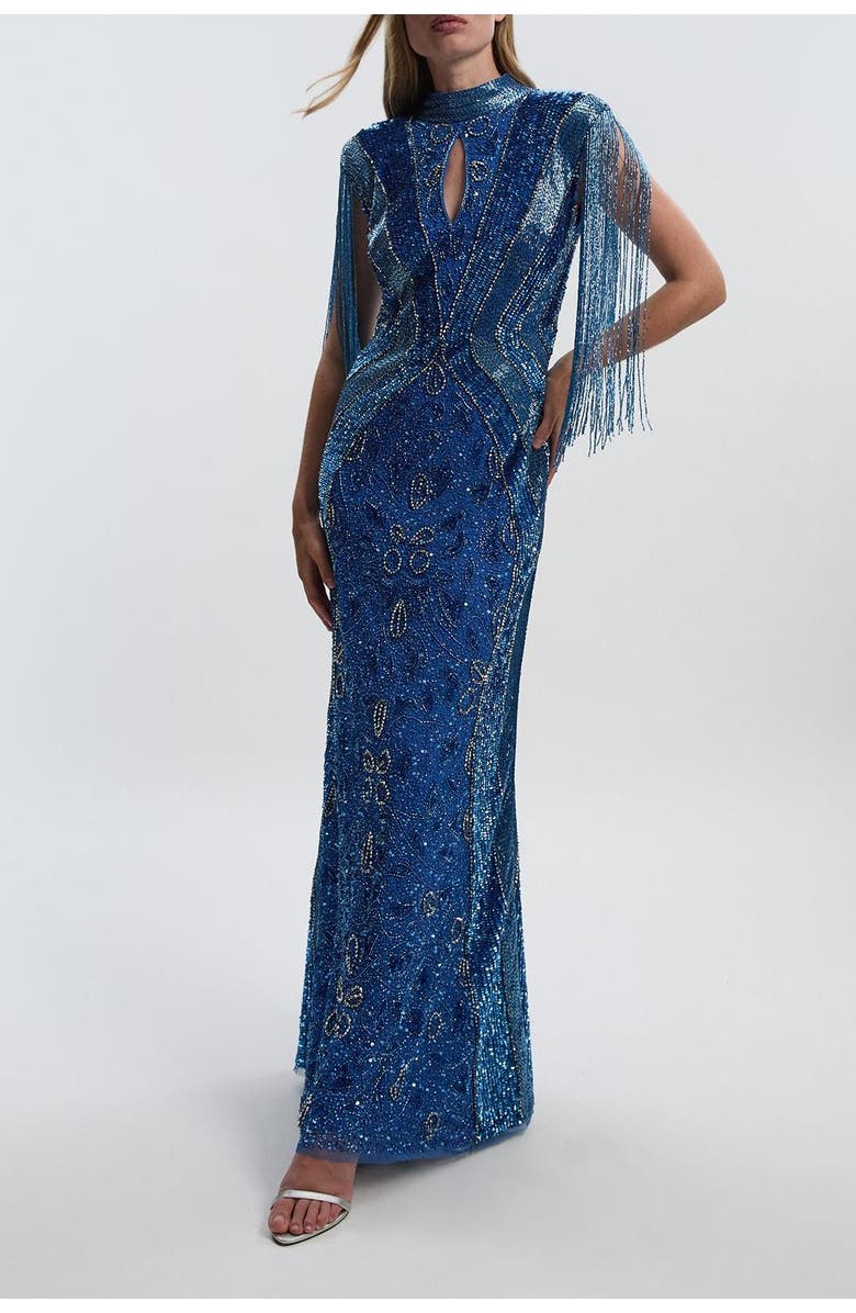 Karen Millen Petite Beaded Cap Sleeve Maxi Dress, Alternate, color, Blue