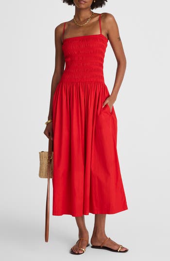 Madewell Smocked Cotton Poplin Maxi Dress In Red