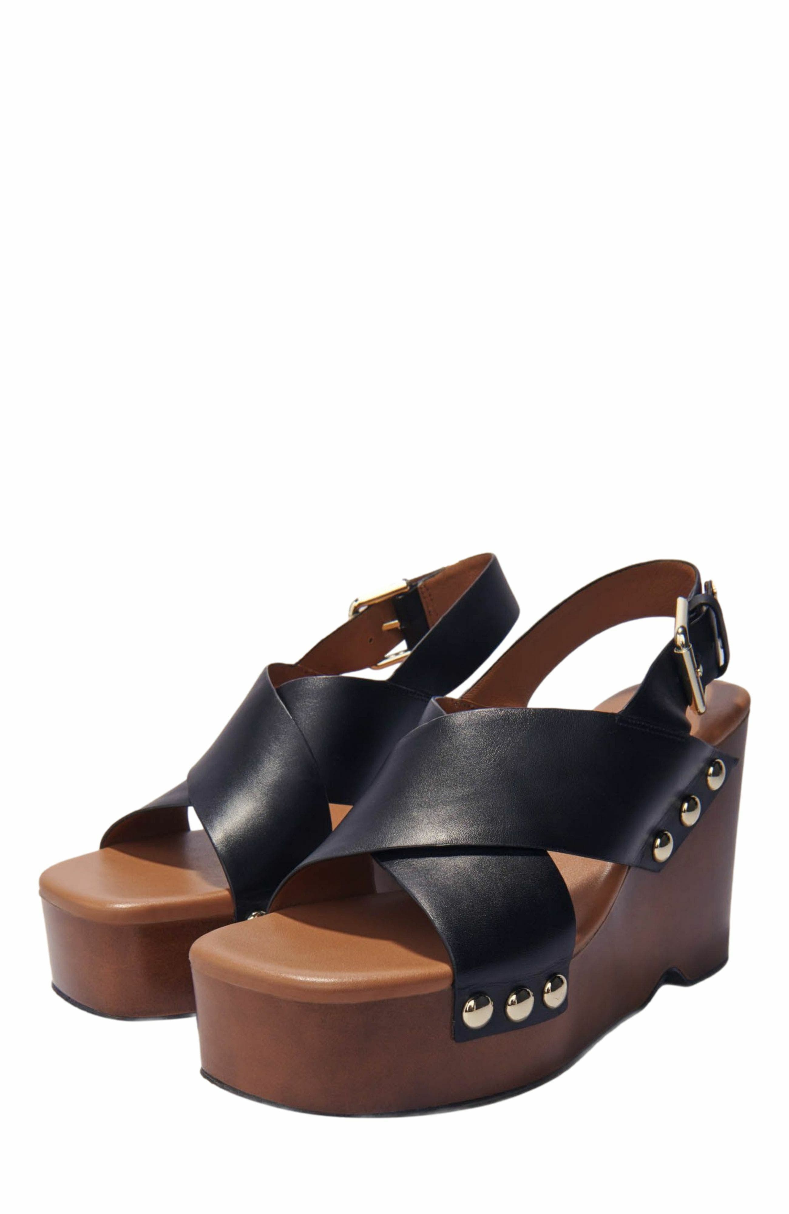 Leather platform sandals, Alternate, color, Black