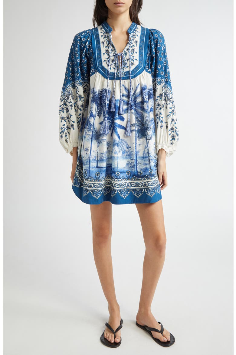 Palm Tree Print Linen Blend Tie Front Dress, Main, color, OFF-WHITE