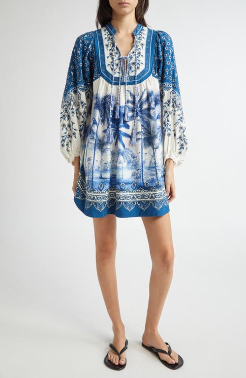 Farm Rio Palm Tree Print Linen Blend Tie Front Dress In Off-white