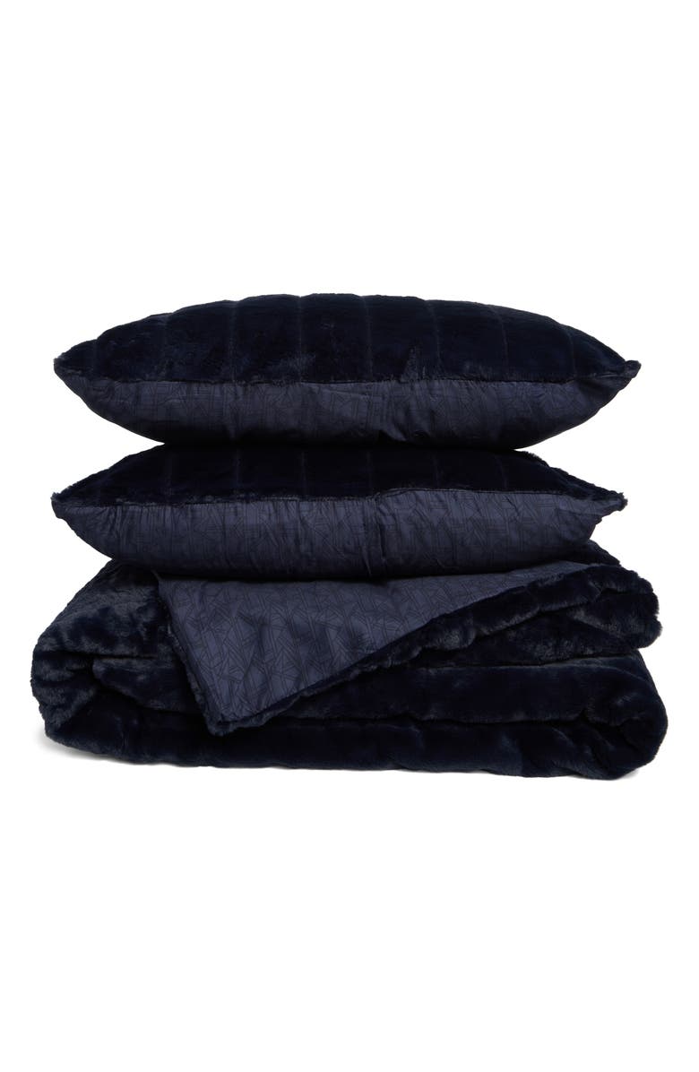 KARL LAGERFELD Faux Fur Channel Quilted Reversible Duvet Cover Set, Main, color, Indigo