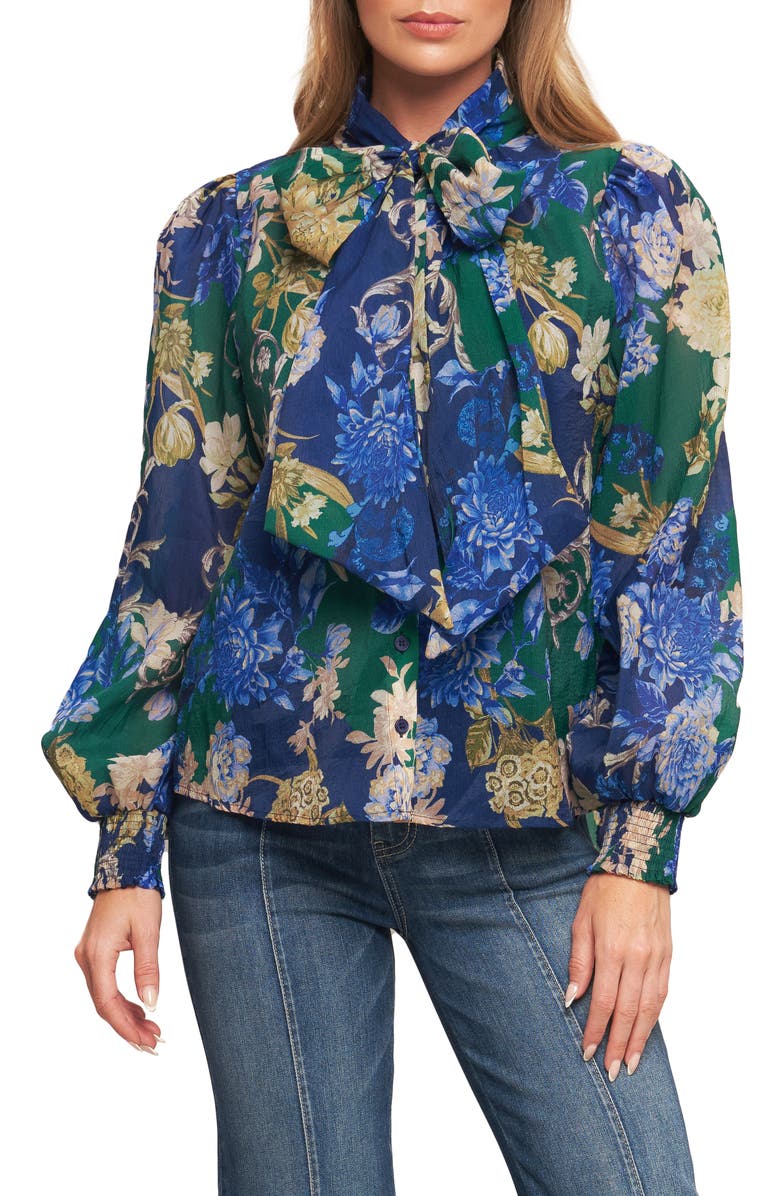 FLYING TOMATO Floral Tie Neck Long Sleeve Button-Up Shirt, Main, color, Navy/Green