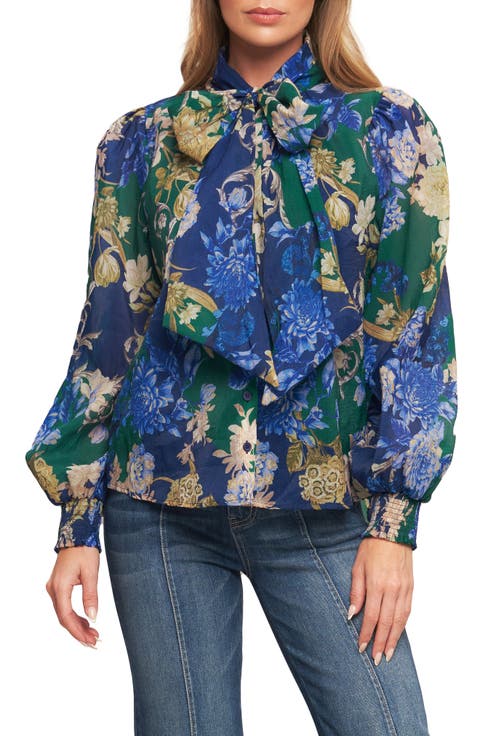 Floral Tie Neck Long Sleeve Button-Up Shirt