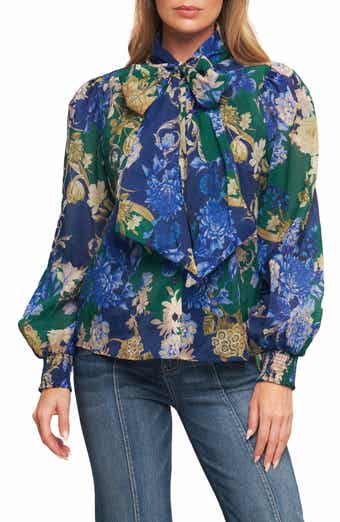 FLYING TOMATO Floral Tie Neck Long Sleeve Button-Up Shirt