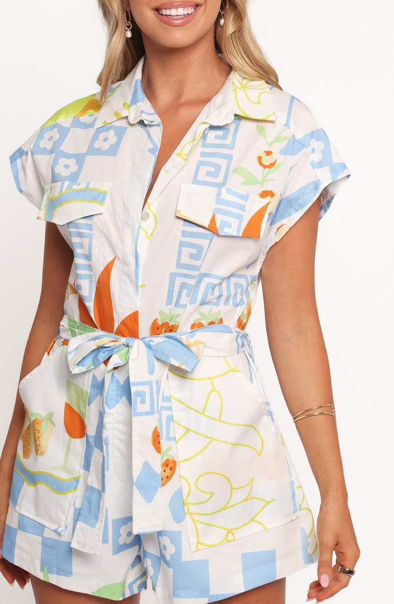 Petal & Pup Georgina Tie Waist Cotton Romper, Alternate, color, White Multi