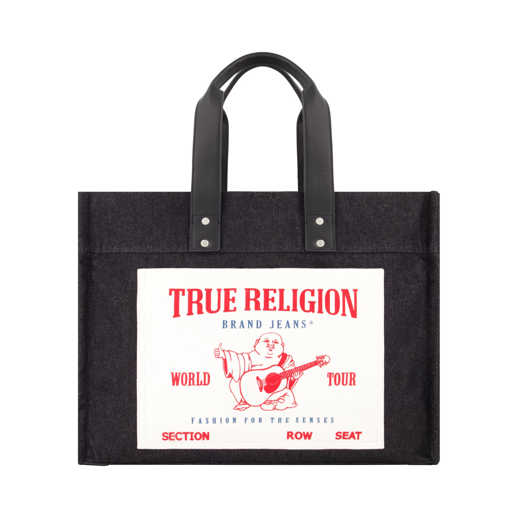 True Religion Large Washed Denim Tote, Main, color, Black