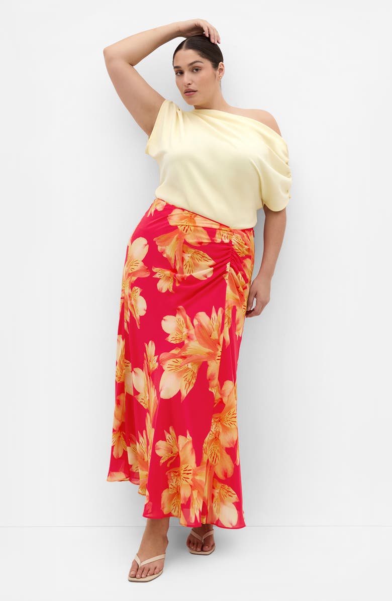 City Chic Soiree Print Ruched Maxi Skirt, Alternate, color, Fuchsia Lily