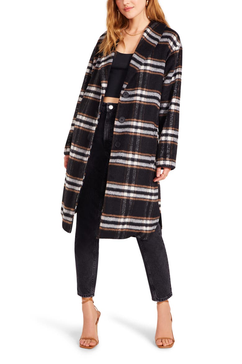 Shawl Good Plaid Longline Coat, Alternate, color, BLACK