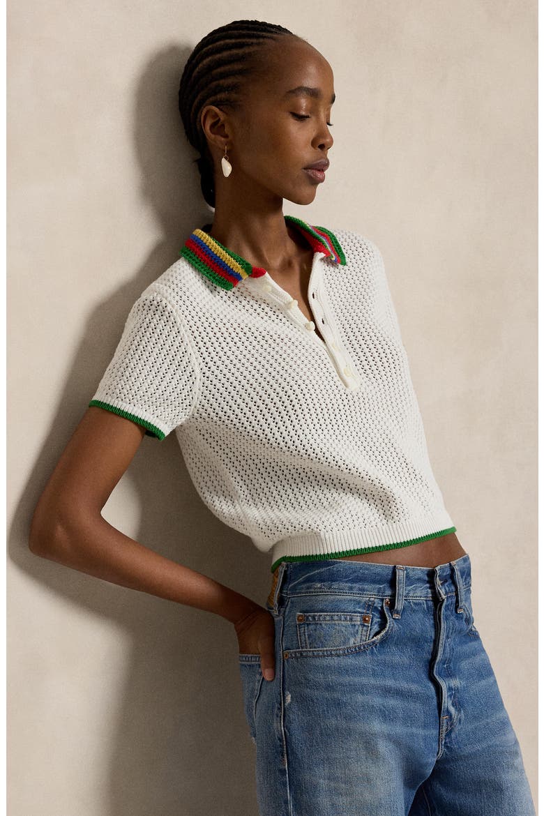 Pointelle Knit Short Sleeve Polo, Alternate, color, WHITE MULTI