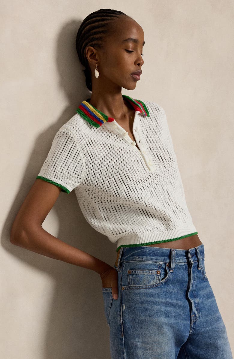 Polo Ralph Lauren Pointelle Knit Short Sleeve Polo, Alternate, color, White Multi