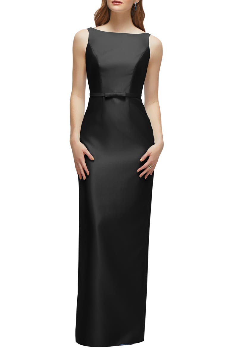 Alfred Sung Sleeveless Satin Twill Column Gown, Main, color, Black