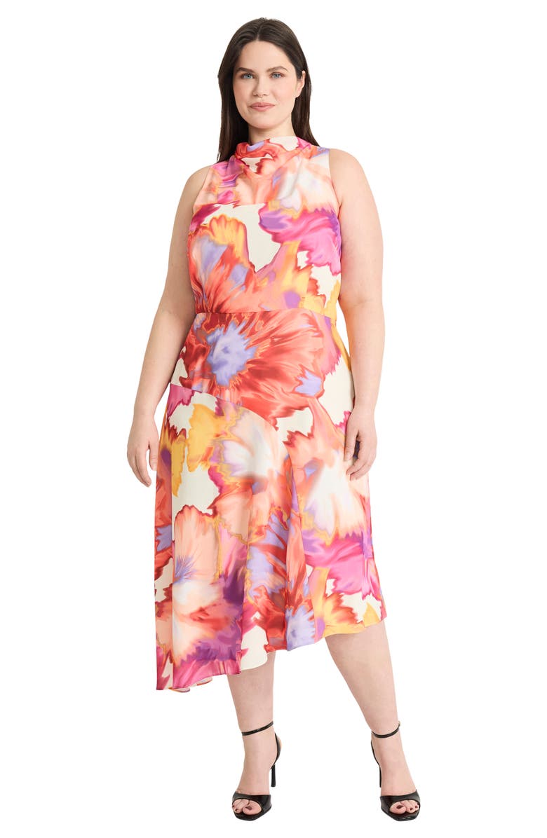 Maggy London Watercolor Asymmetric Midi Dress, Alternate, color, Ivory/ Orange