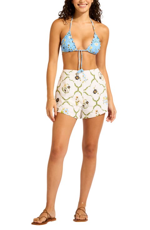 Print Linen Blend Cover-Up Shorts