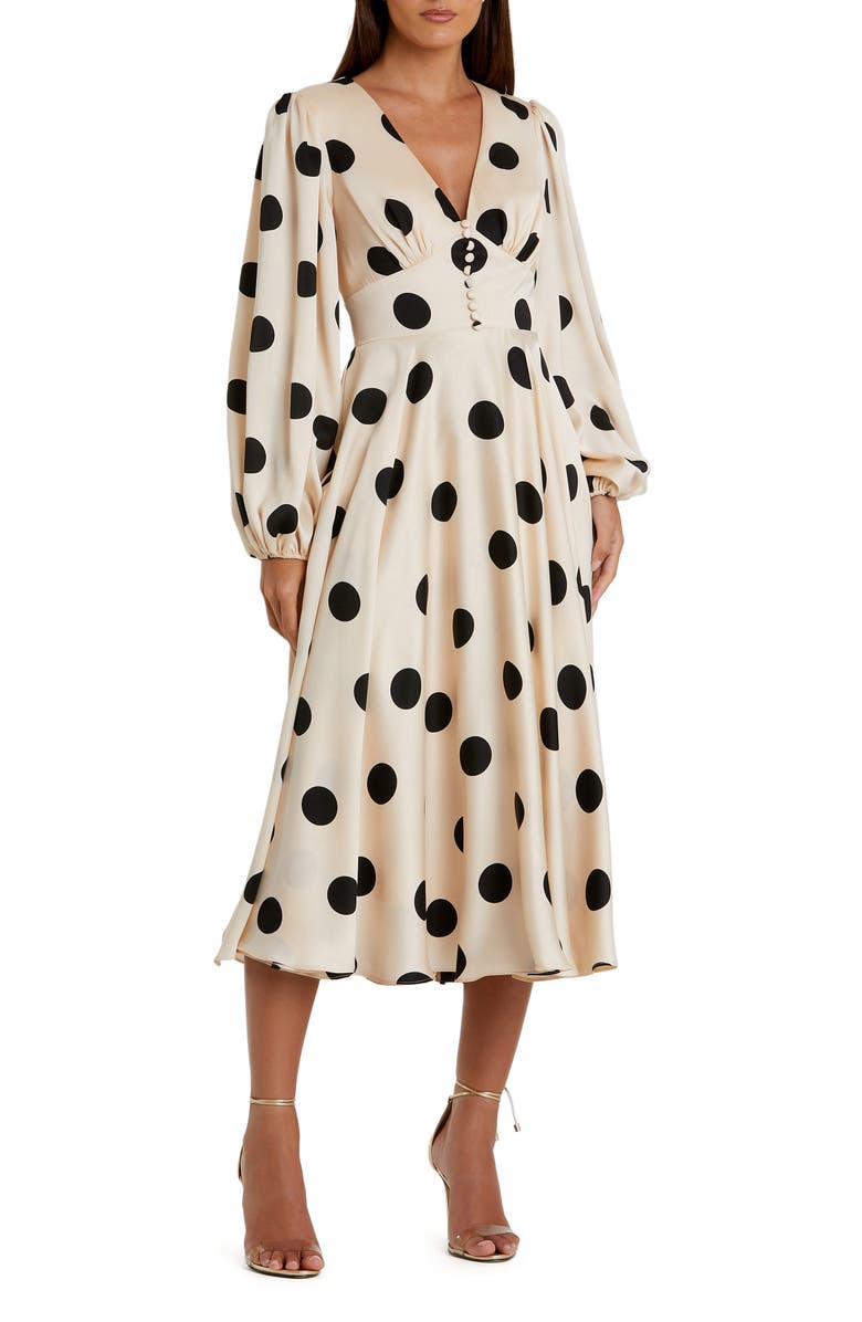 Mac Duggal Polka Dot Charmeuse Long Sleeve V Neck Midi Dress, Main, color, Cream Black