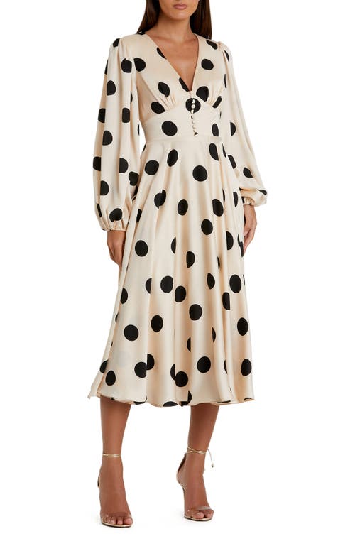 Mac Duggal Polka Dot Charmeuse Long Sleeve V Neck Midi Dress In Cream Black