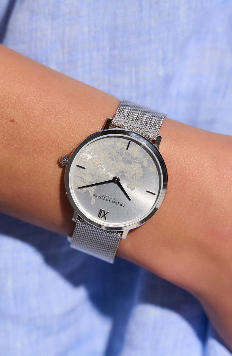 Olivia Burton Floral Blooms Mesh Strap Watch, 35mm, Alternate, color, Silver White