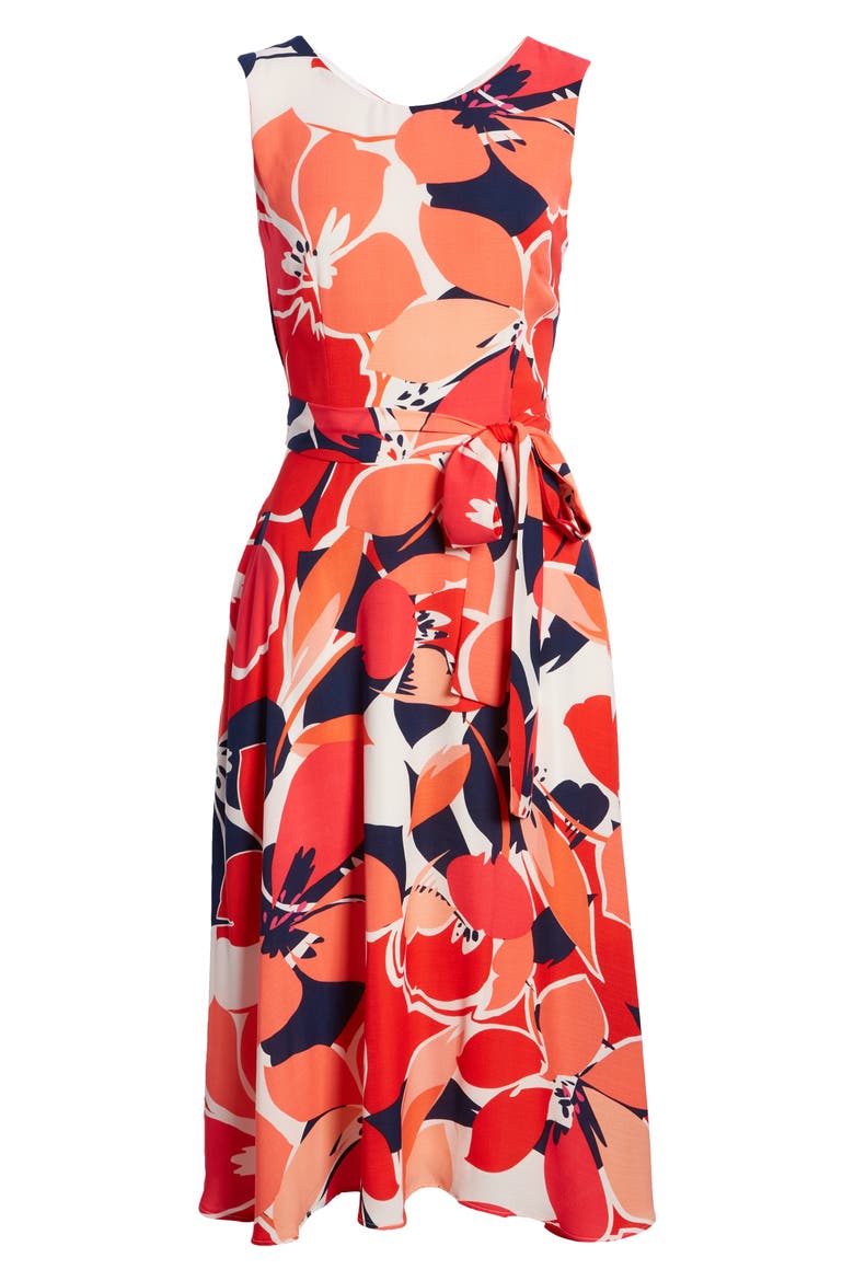 Floral Belted Fit & Flare Midi Dress, Alternate, color, RED MULTI