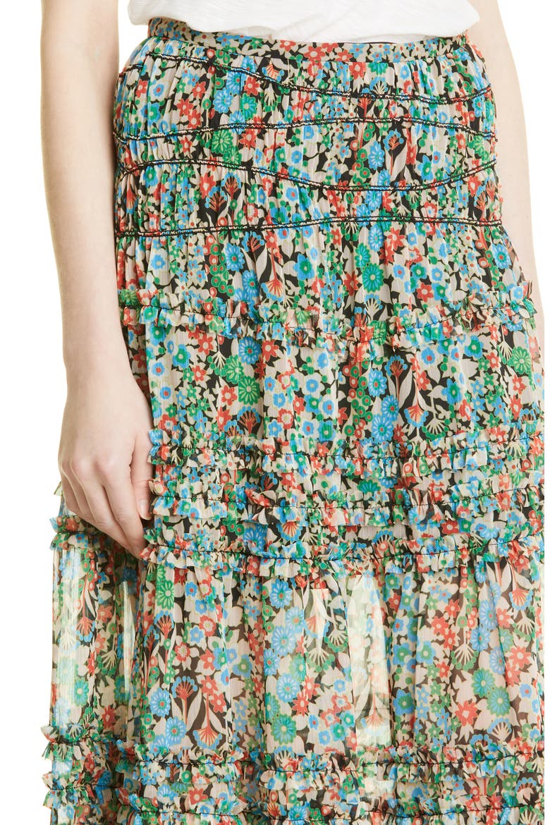Amadea Floral Tiered Ruffle Maxi Skirt, Alternate, color, BLACK
