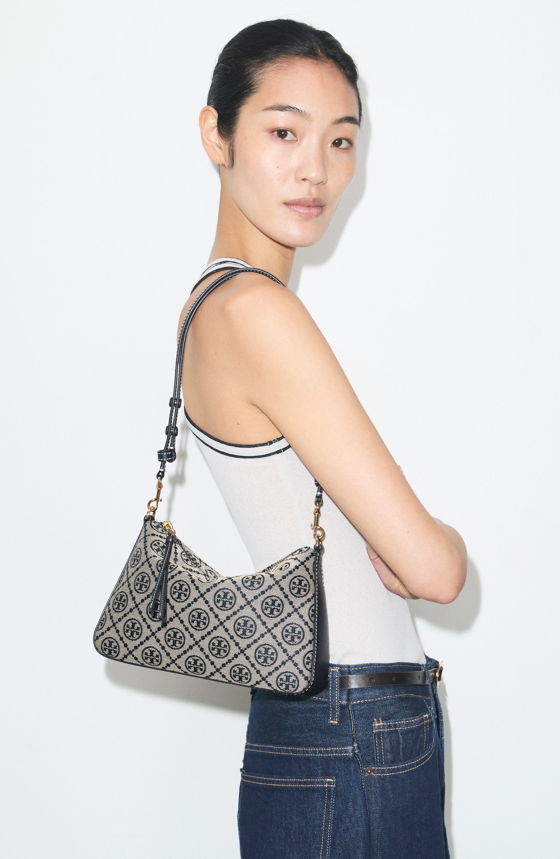 Tory Burch Small Perry T Monogram Jacquard Shoulder Bag, Alternate, color, Tory Navy