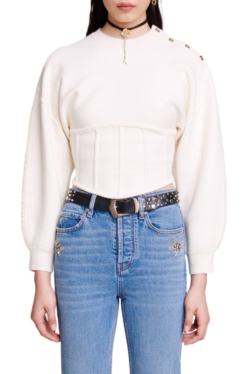 maje Crop Lantern Sleeve Corset Detail Sweater, Main, color,