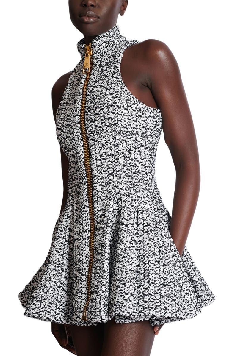 Balmain Sleeveless Flared Tweed Dress, Alternate, color, White