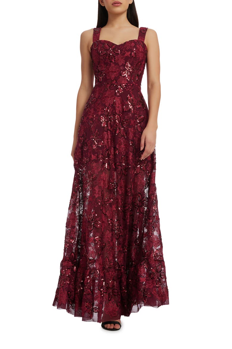 Anabel Floral Sequin Fit & Flare Gown, Main, color, PORT