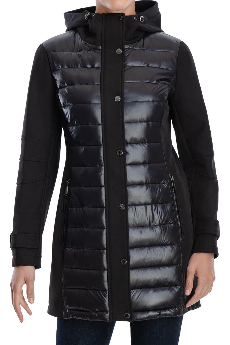 Water-Resistant Hooded Softshell Long Puffer Jacket, Main, color, BLACK