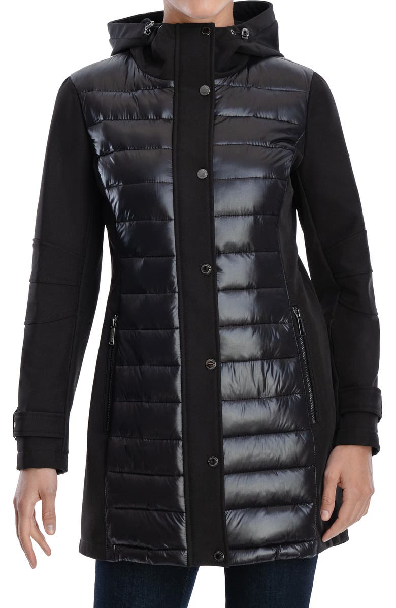 BCBGeneration Water-Resistant Hooded Softshell Long Puffer Jacket, Main, color,