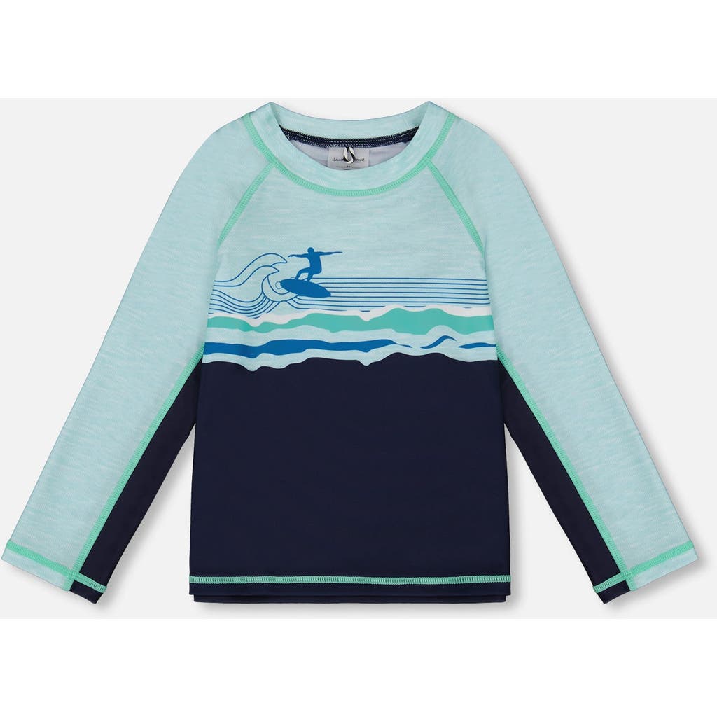 Deux Par Deux Little Boy's Long Sleeve Rashguard Navy Blue And Turquoise In Navy Blue And Turquoise