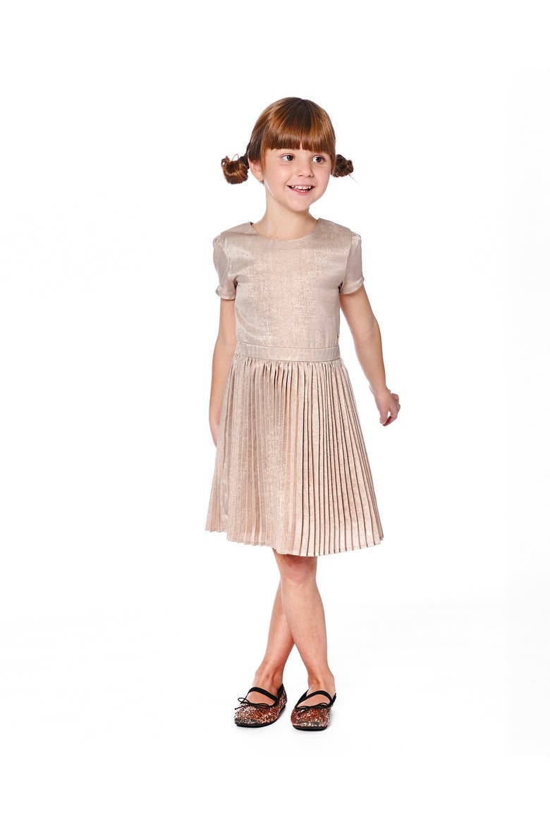 Short Sleeve Dress with Pleated Skirt, Alternate, color, Light Caramel