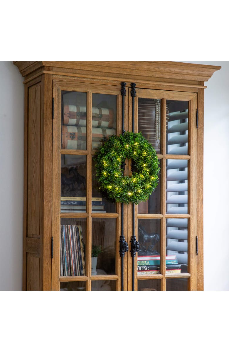 NEARLY NATURAL 18-in Pre-Lit Artificial Boxwood Wreath with 25 Warm White LED Lights, Alternate, color, Green