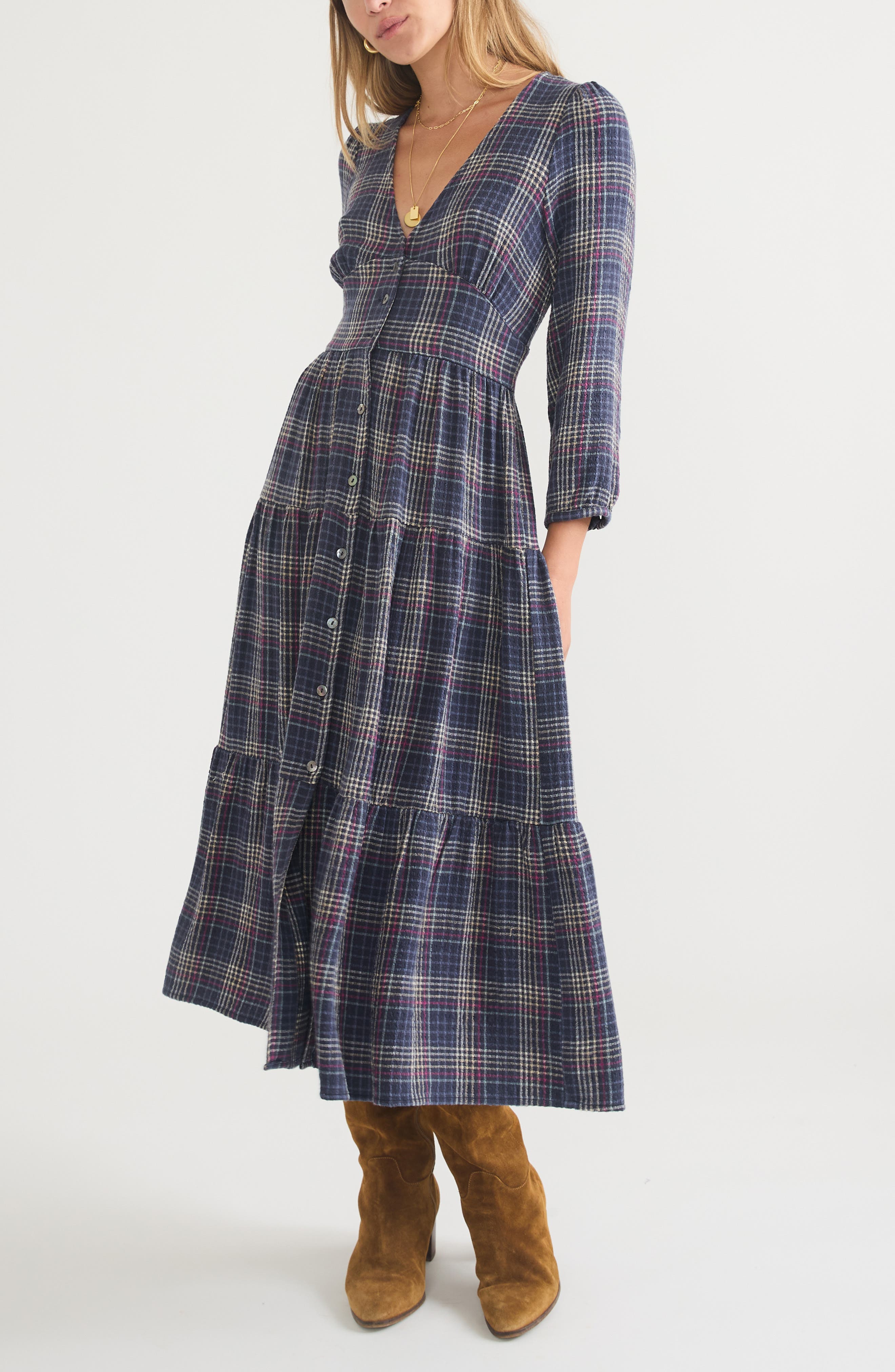 Maeve Plaid Long Sleeve Tiered Maxi Shirtdress