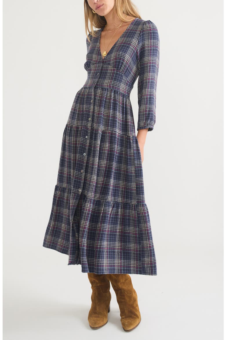 Maeve Plaid Long Sleeve Tiered Maxi Shirtdress, Main, color, NAVY PLAID
