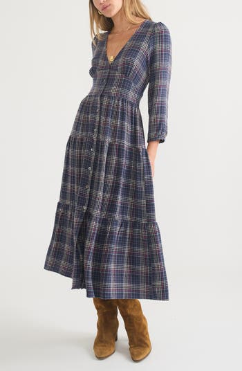 Marine Layer Maeve Plaid Long Sleeve Tiered Maxi Shirtdress Nordstrom
