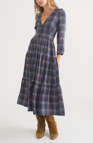 Marine Layer Maeve Plaid Long Sleeve Tiered Maxi Shirtdress