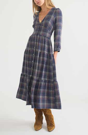 Maeve Plaid Long Sleeve Tiered Maxi Shirtdress