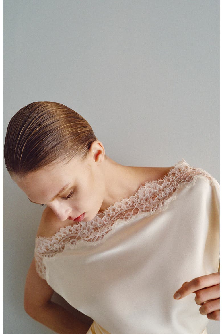 Asymmetric Lace & Satin Shirt, Alternate, color, ECRU
