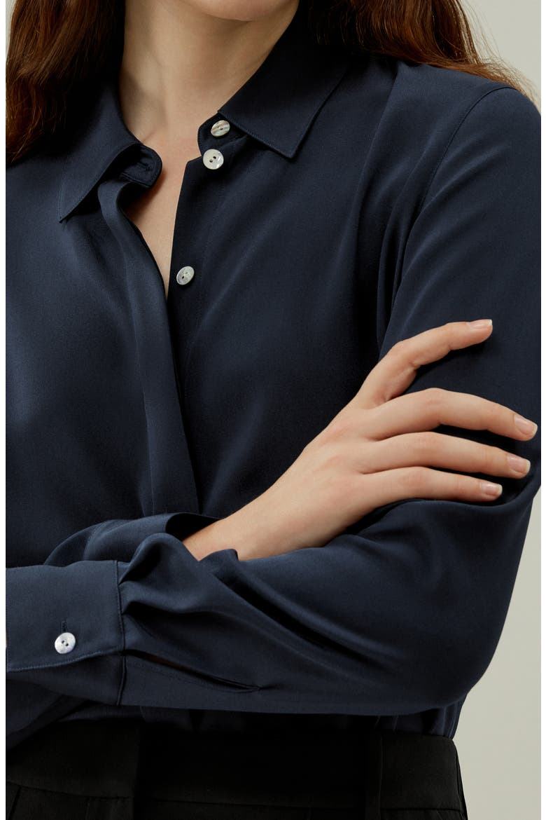 Women's Graceful Button Up Silk Blouse, Alternate, color, Midnight Blue