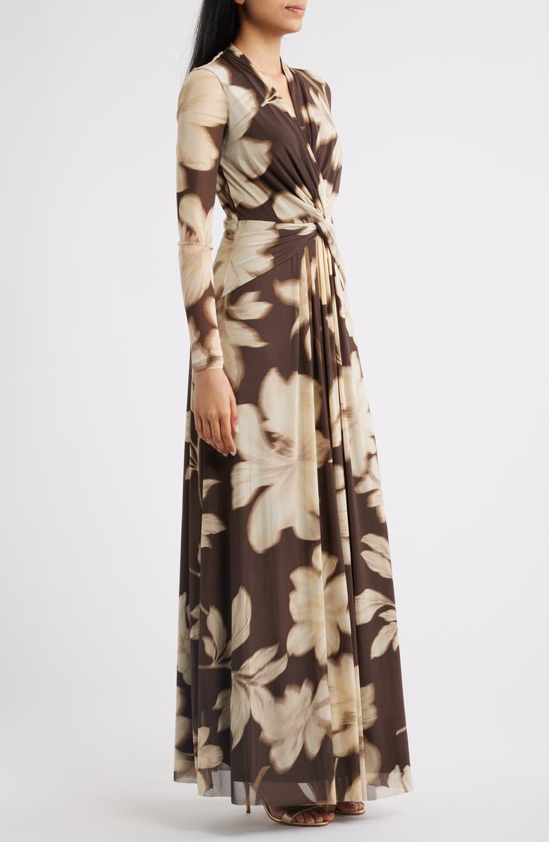 Anne Klein Floral Print Long Sleeve Maxi Dress, Alternate, color, Molasses Multi