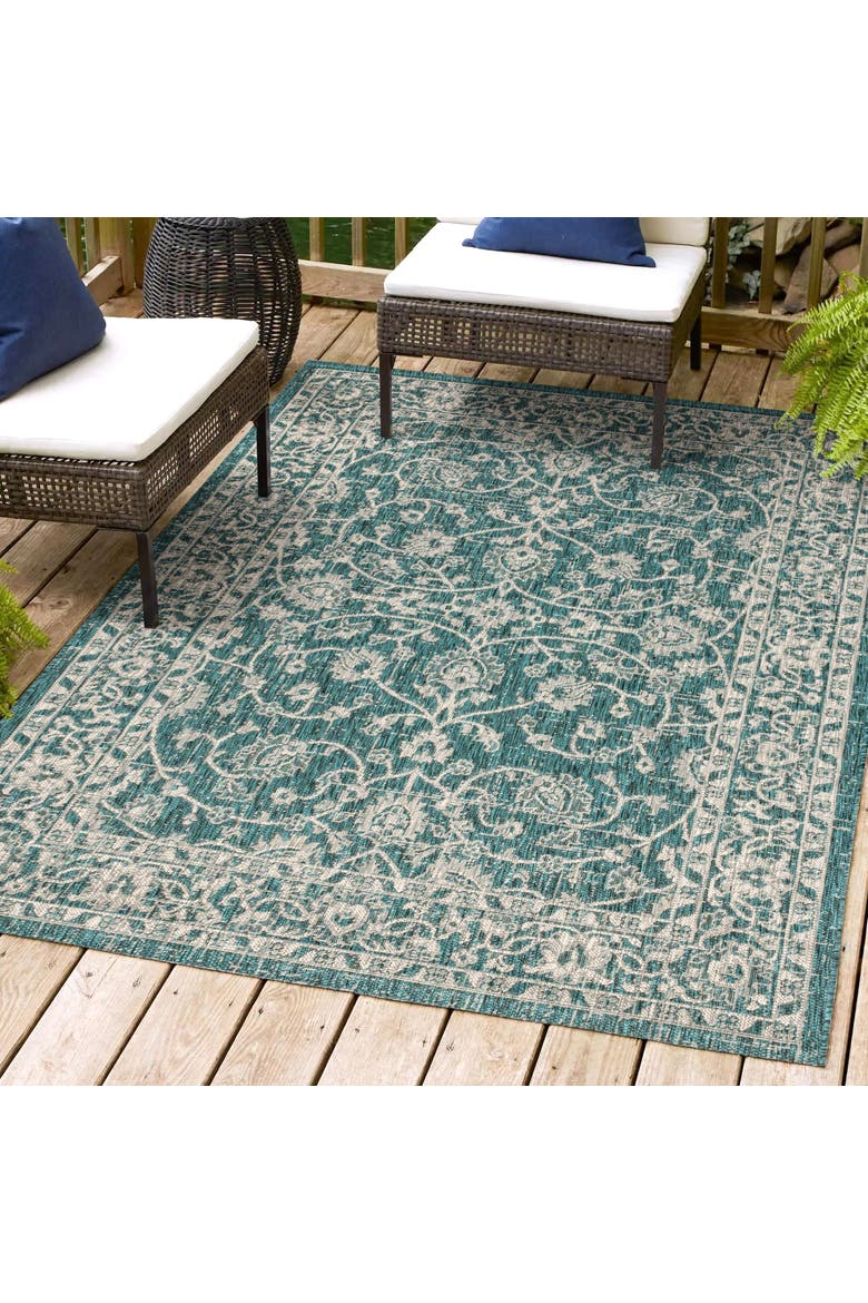 Palazzo Vine and Border Textured Weave Indoor/Outdoor Rug, Alternate, color, Teal/Gray
