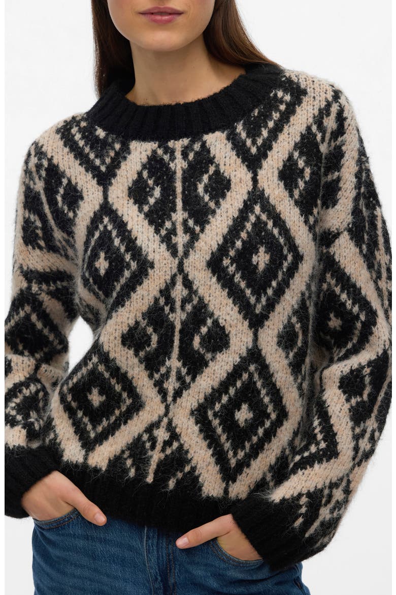 Fabienna Diamond Jacquard Crewneck Sweater, Main, color, BLACK DETAIL W BIRC